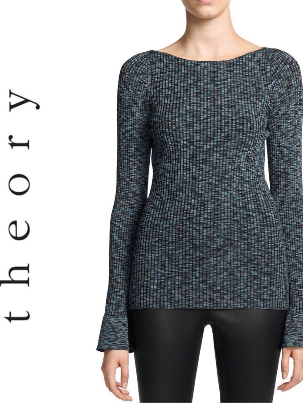 Theory Marled Rib Knit Black and Blue Boatneck Sweater